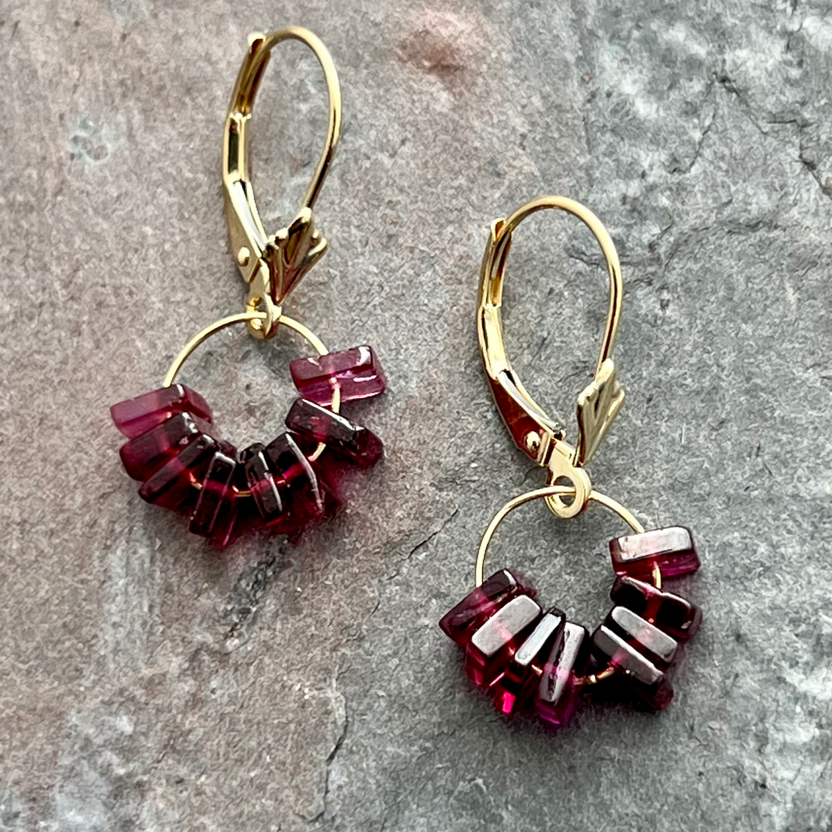Garnet 14K gold earrings handmade by Garden of Silver in Westhampton Beach, NY.