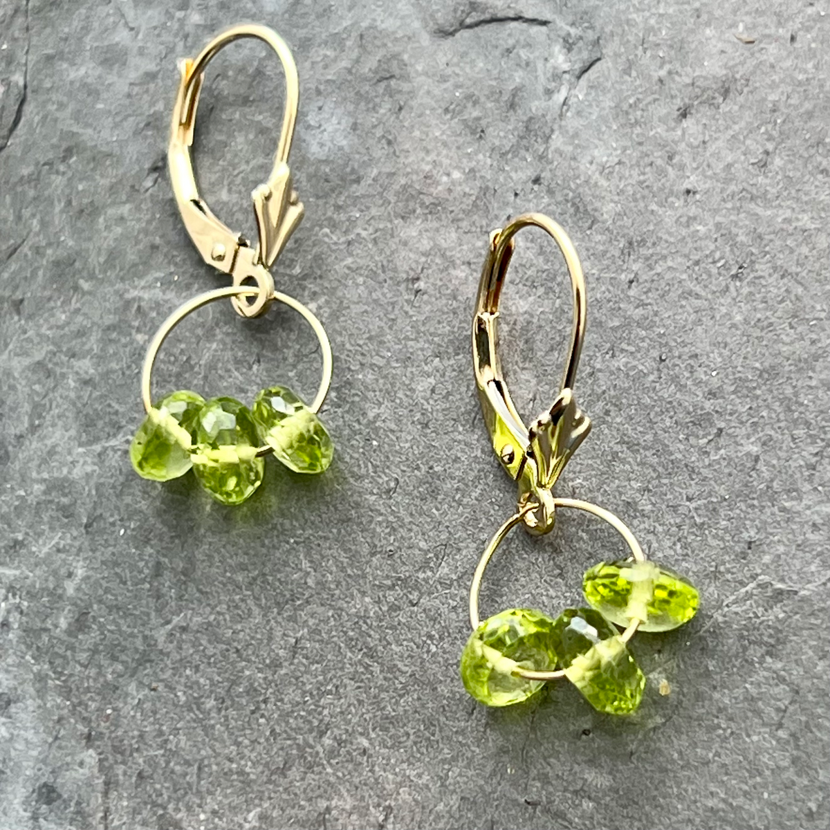 Peridot 14K gold earrings by Garden of Silver in Westhampton Beach, NY