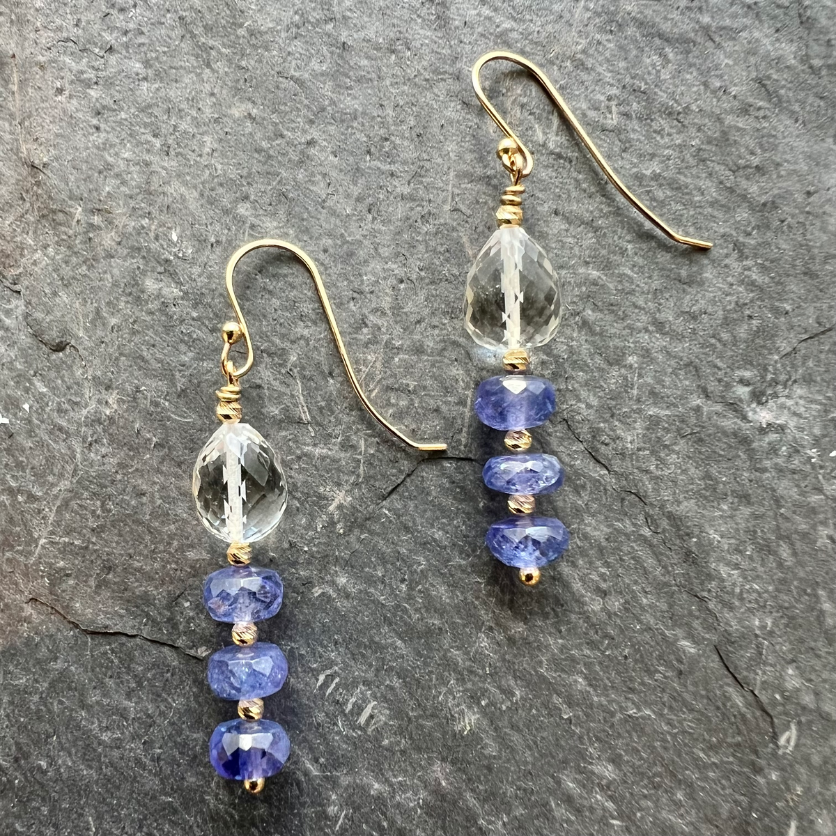 Tanzanite, Crystal Quartz & 14K Gold Earrings handmade by Garden of Silver www.gardenofsilver.com
