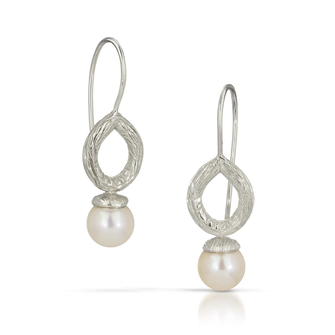 Sterling Silver Carved White Pearl Tear Drop Earrings