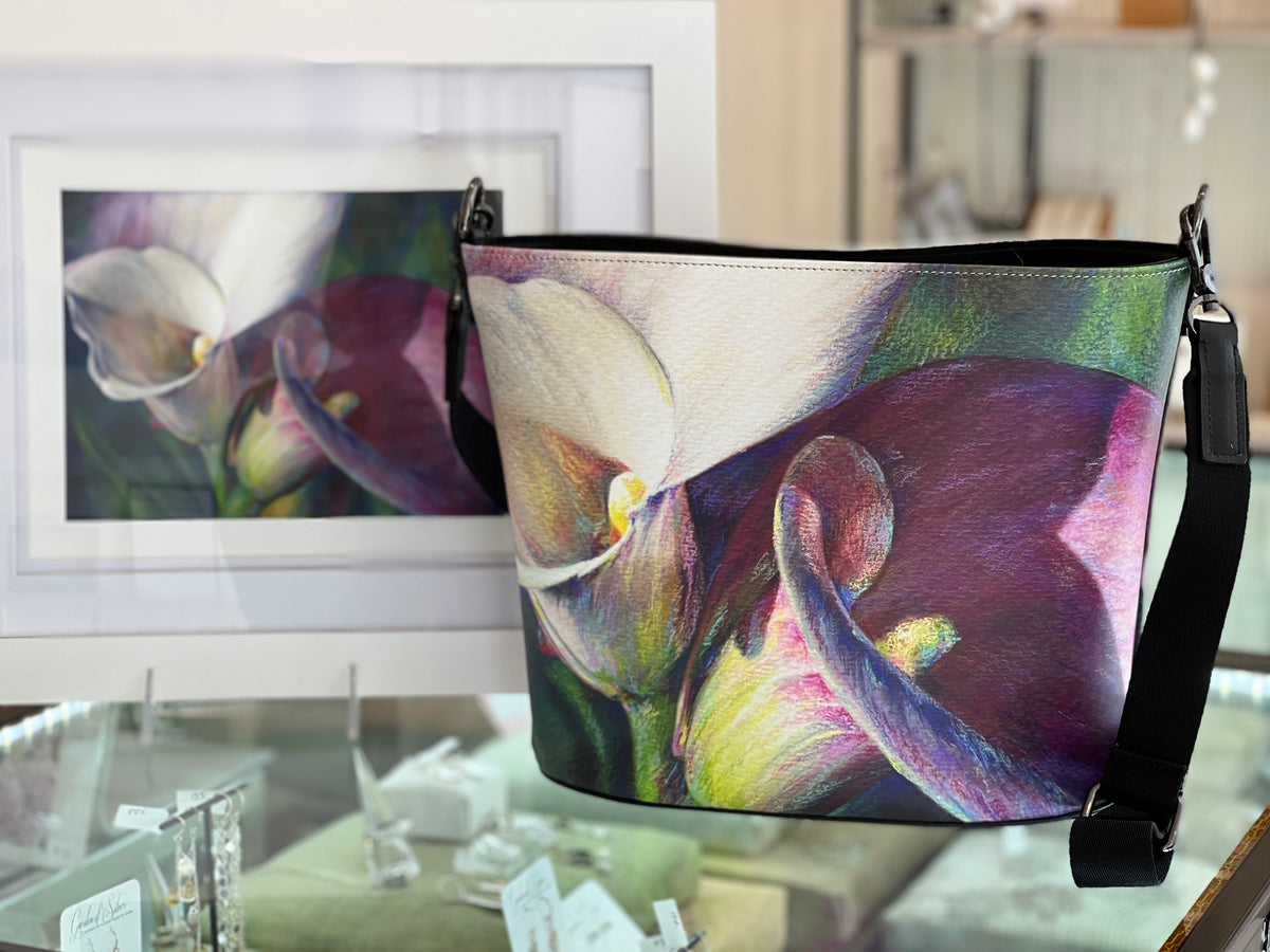 Pink Calla Lily leather handbag created by Eileen Baumeister McIntyre for Garden of Silver. www.gardenofsilver.com