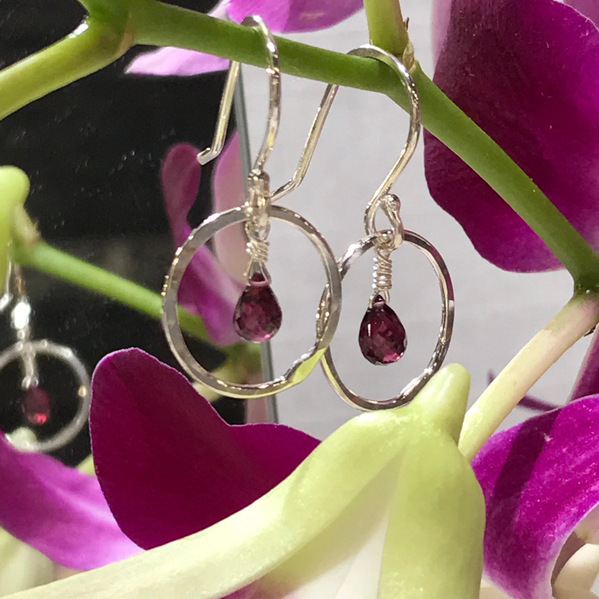 Garnet Moon Earrings handmade by Garden of Silver