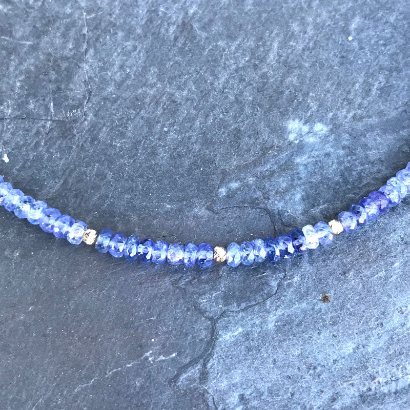 Tanzanite Gold Necklace handmade by Garden of Silver in Westhampton Beach, NY Hamptons, www.gardenofsilver.com