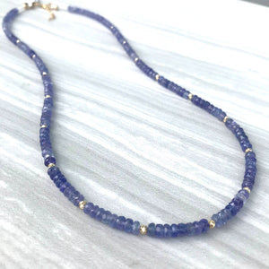 Tanzanite Gold Necklace handmade by Garden of Silver in Westhampton Beach, NY Hamptons, www.gardenofsilver.com