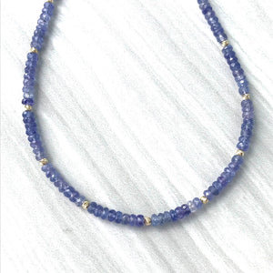 Tanzanite Gold Necklace handmade by Garden of Silver in Westhampton Beach, NY Hamptons, www.gardenofsilver.com