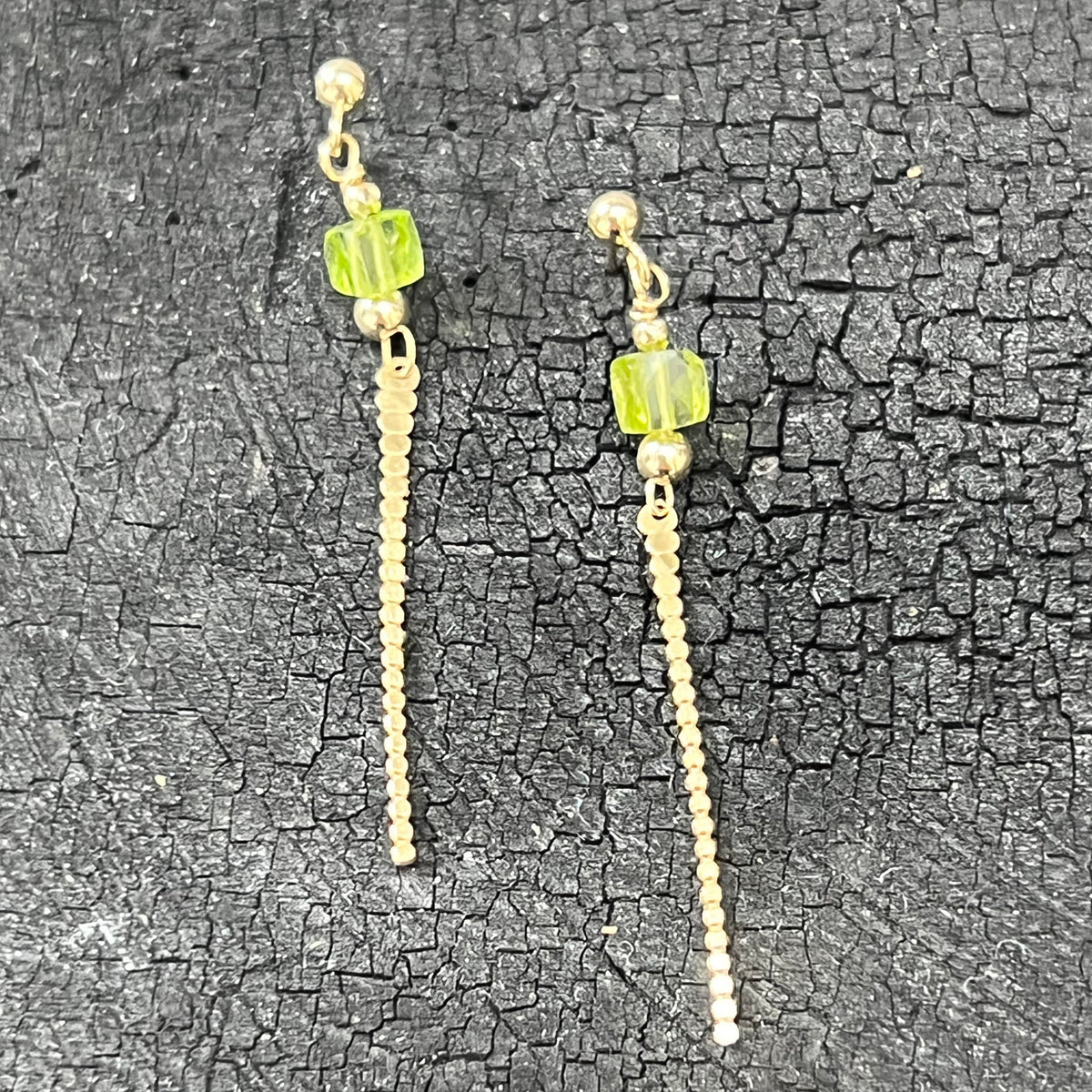 Peridot and 14K gold earrings handmade by Garden of Silver. www.gardenofsilver.com