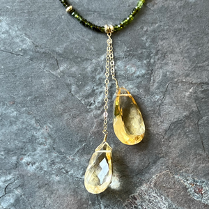 Green Tourmaline Citrine 14K Gold necklace handmade by Garden of Silver in Westhampton Beach, New York. www.gardenofsilver.com