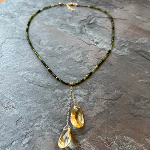 Green Tourmaline Citrine 14K Gold necklace handmade by Garden of Silver in Westhampton Beach, New York. www.gardenofsilver.com
