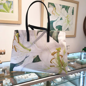 Lily Pair original colored pencil drawing on tote bag by artist Eileen Baumeister McIntyre.