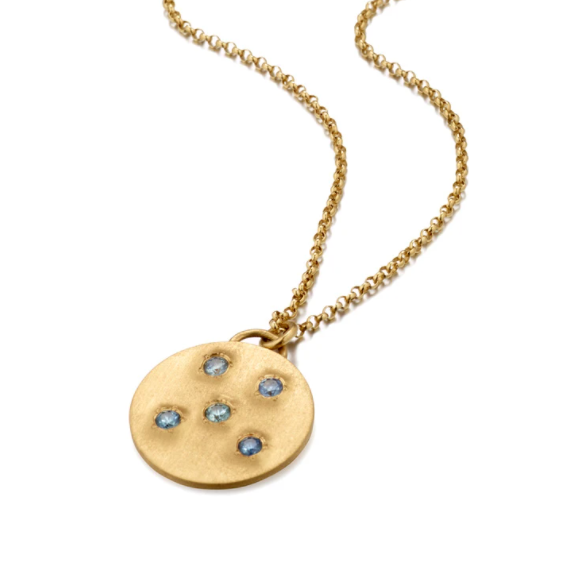 Circle of 5th's Montana Sapphire Disc Necklace by Elizabeth Moore at Garden of Silver in Westhampton Beach, New York. www.gardenofsilver.com