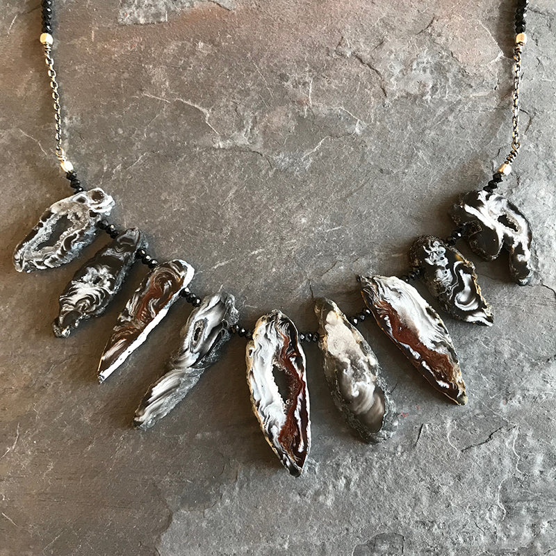Terra Necklace handmade by Garden of Silver with geodes and sterling silver.